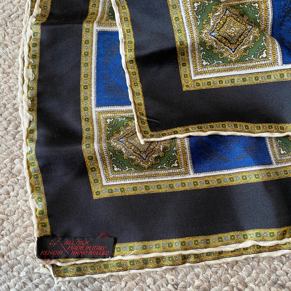 Vintage Renoir Silk Pocket Square Black Blue Gold - Picture 3 of 3